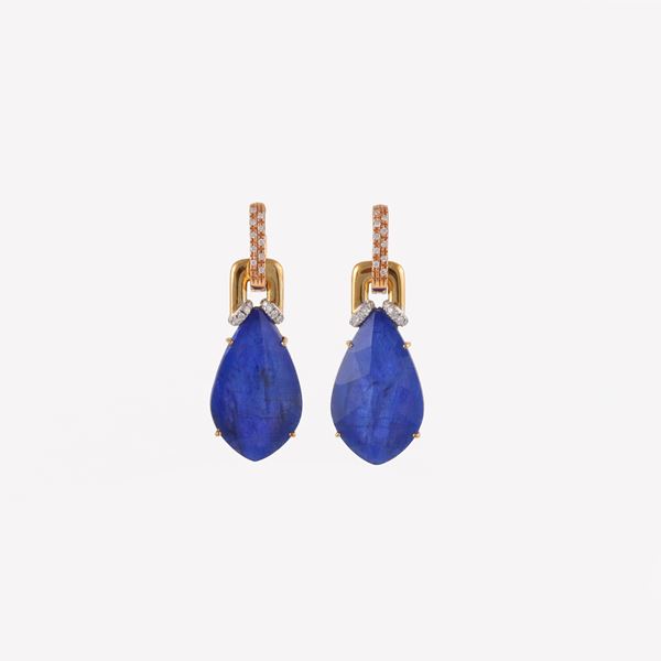 18KT GOLD, DIAMONDS AND BLUE "TRIPLETS" OF QUARTZ AND MOTHER OF PEARL EARRINGS