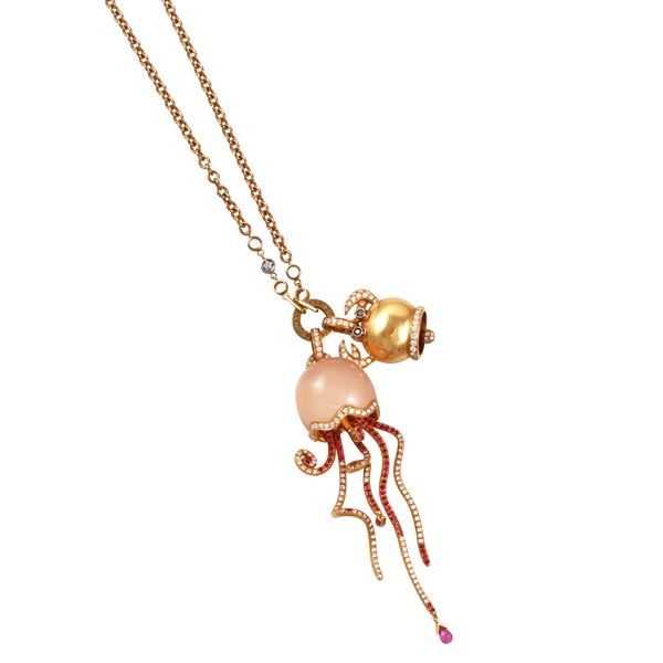 18KT GOLD, DIAMONDS, PINK QUARTZ, RUBIES AND PINK SAPPHIRES NECKLACE AND PENDANTS, CHANTECLER "Marinelle"