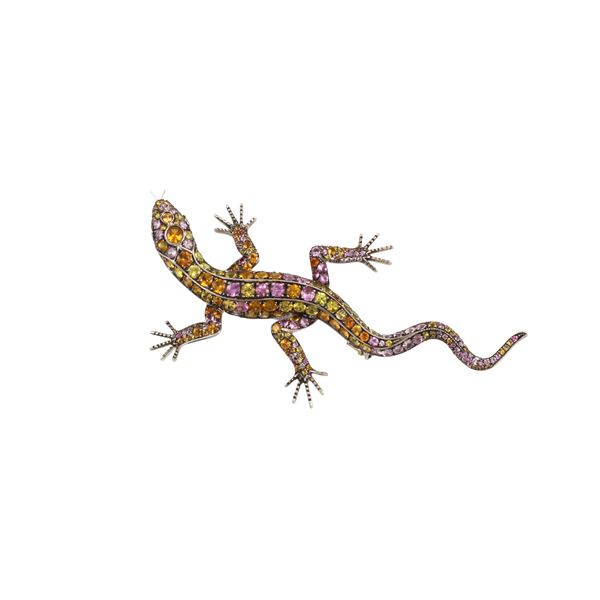 18KT GOLD AND COLOURED SAPPHIRES BROOCH - PENDANT, PAOLO PIOVAN, WITH CHAIN