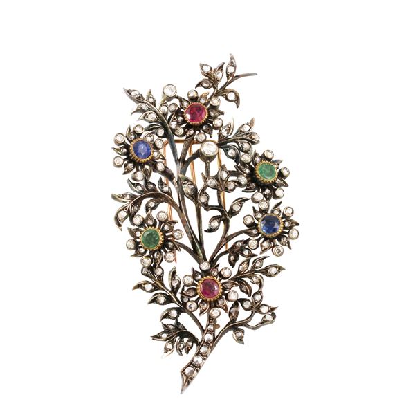 SILVER, 18KT GOLD, DIAMONDS, RUBIES, SAPPHIRES AND EMERALDS BROOCH