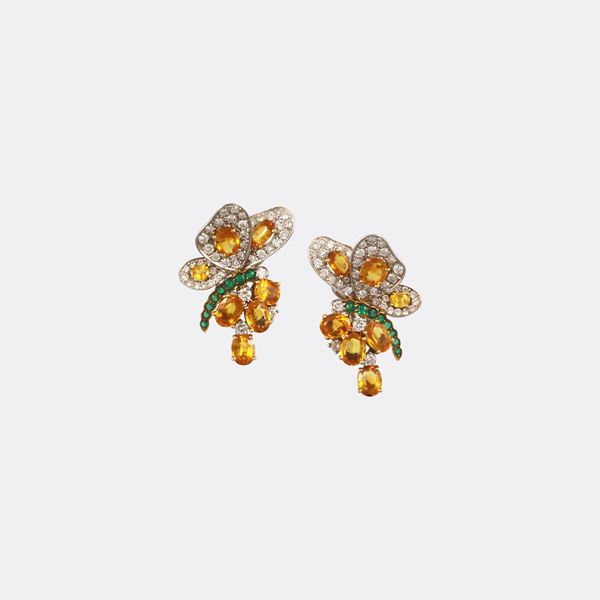 18KT GOLD, DIAMONDS, YELLOW SAPPHIRES AND EMERALDS EARRINGS, CHANTECLER