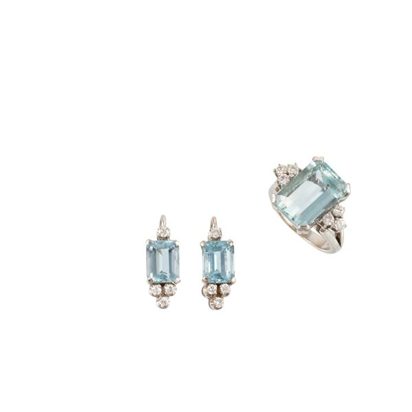 18KT GOLD, ACQUAMARINE AND DIAMONDS EARRINGS AND RING  - Auction Important Jewelry - Casa d'Aste International Art Sale