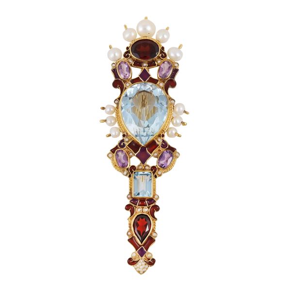 18KT GOLD, TOPAZ, AMETHYSTS, GARNET, FRESWATER PEARLS, ENAMEL, BROOCH, PERCOSSI PAPI