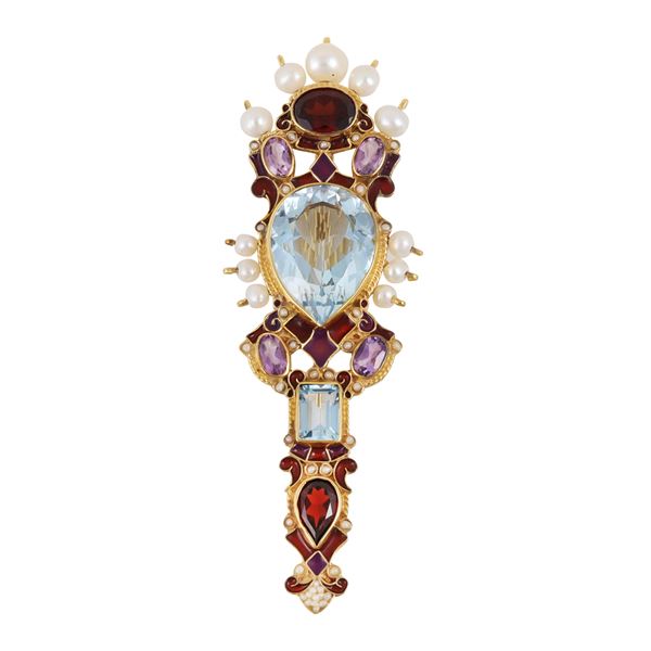 18KT GOLD, TOPAZ, AMETHYSTS, GARNET, FRESWATER PEARLS, ENAMEL, BROOCH, PERCOSSI PAPI  - Auction JEWELRY, SILVER AND LUXURY BAG - Casa d'Aste International Art Sale