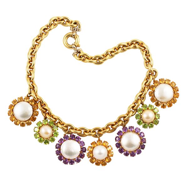 18KT GOLD, FRESHWATER PEARLS, MABE', CITRINE QUARTZ, PERIDOT AND AMETHYSTS NECKLACE