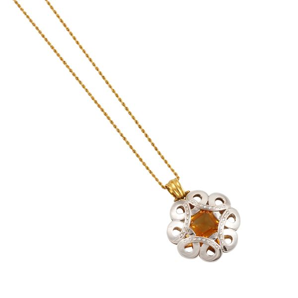 18KT GOLD, DIAMONDS AND CITRINE QUARTZ PENDANT WITH CHAIN