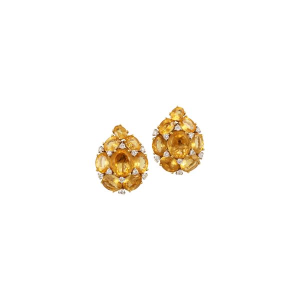 18KT GOLD, CITRINE QUARTZ AND DIAMONDS EARRINGS