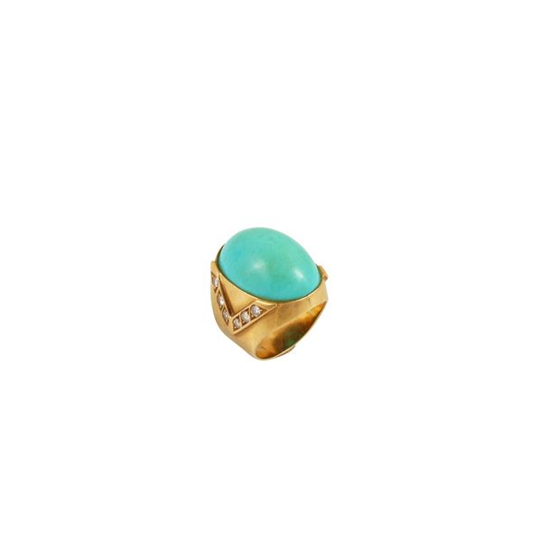 18KT GOLD, TURQUOISE AND DIAMONDS RING  - Auction JEWELRY, WATCHES, AND SILVERWARE - Casa d'Aste International Art Sale