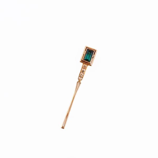 18KT GOLD, TOURMALINE AND ROSE CUT DIAMOND PIN  - Auction JEWELRY, SILVER AND LUXURY BAG - Casa d'Aste International Art Sale