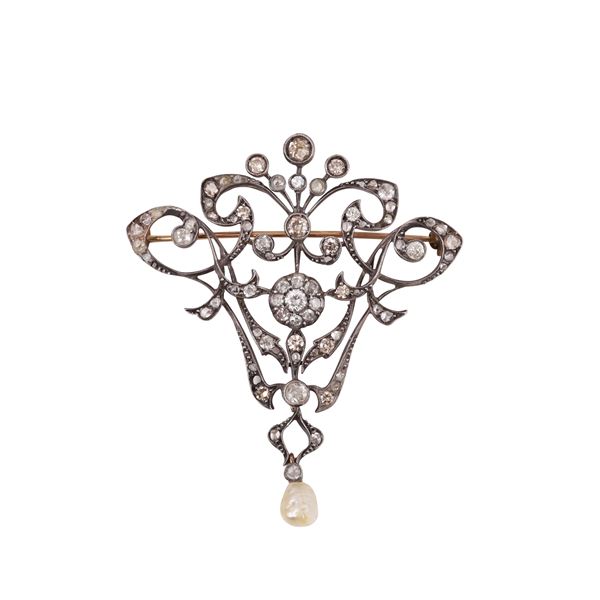 SILVER, 18KT GOLD, DIAMONDS (missings) AND PEARL BROOCH  - Auction JEWELRY, SILVER AND LUXURY BAG - Casa d'Aste International Art Sale