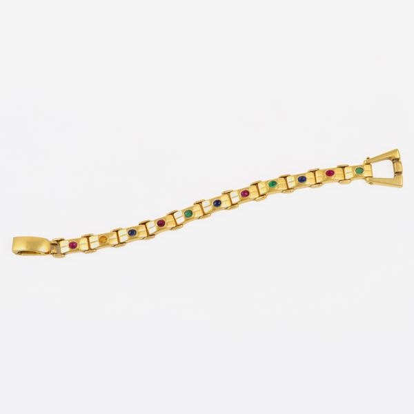 18KT GOLD, RUBIES, EMERALDS (one missing) AND SAPPHIRE BRACELET 