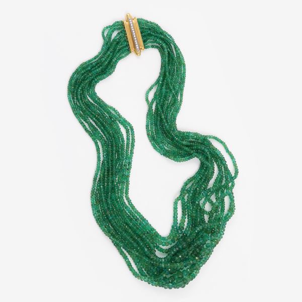 TWELVE STRANDS OF FACETED EMERALD BEADS, 18KT GOLD AND DIAMONDS CLASP  - Auction JEWELRY, WATCHES, AND SILVERWARE - Casa d'Aste International Art Sale