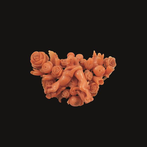 FINE CORAL (SLIGHT MISSING) AND 9KT GOLD BROOCH  - Auction Important Jewelry - Casa d'Aste International Art Sale
