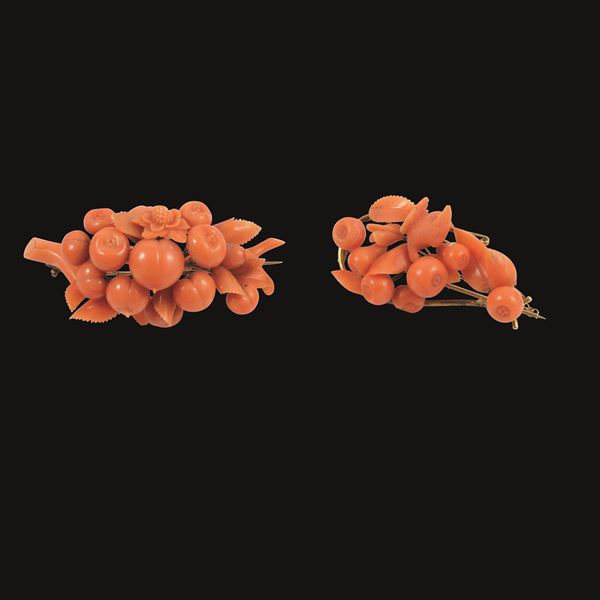 FINE CORAL AND 18KT GOLD BROOCHES