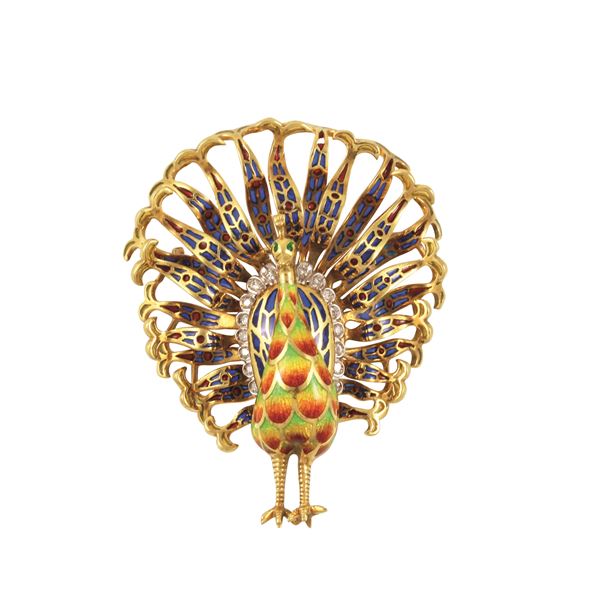 18KT GOLD, DIAMONDS AND ENAMEL (MISSINGS) BROOCH