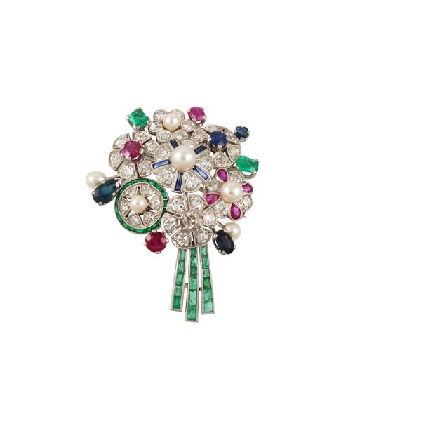 PLATINUM, DIAMONDS, SAPPHIRES, RUBIES, EMERALDS AND PEARLS BROOCH