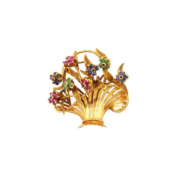 18KT GOLD, SAPPHIRES, RUBIES AND EMERALDS BROOCH  - Auction Important Jewelry - Casa d'Aste International Art Sale