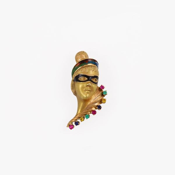 18KT GOLD, ENAMEL AND SYNTHETIC GEMS BROOCH