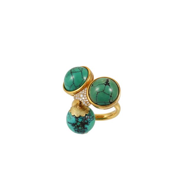 18KT GOLD, DIAMONDS AND TURQUOISES RING  - Auction Important Jewelry - Casa d'Aste International Art Sale