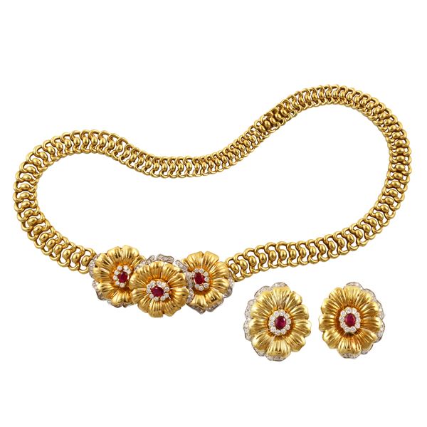 18KT GOLD, RUBIES AND DIAMONDS NECKLACE AND EARRINGS  - Auction Important Jewelry - Casa d'Aste International Art Sale