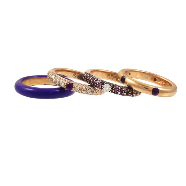 18KT GOLD, AMETHYSTS (ONE MISSING), DIAMONDS AND ENAMEL FOUR RINGS, ADOLFO COURRIER