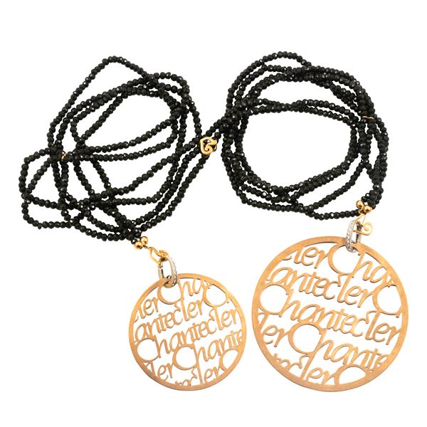 9KT GOLD AND BLACK SPINEL "SAUTOIR" WITH PENDANTS, CHANTECLER "Pour Parler"