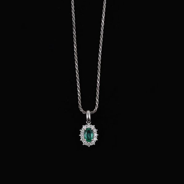 18KT GOLD, EMERALD, DIAMONDS CHAIN AND PENDANT  - Auction JEWELRY, WATCHES, AND SILVERWARE - Casa d'Aste International Art Sale