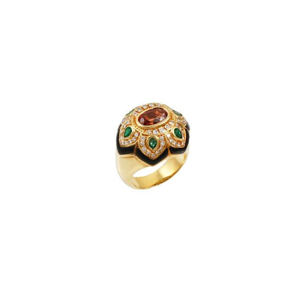 18KT GOLD, "ORANGE" SAPPHIRE, ONYX, DIAMONDS AND EMERALDS RING  - Auction Important Jewelry - Casa d'Aste International Art Sale