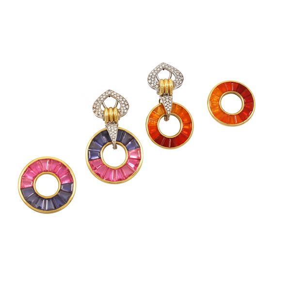 18KT GOLD, DIAMONDS, PINK TOURMALINES, IOLITES, OPALS EARRINGS