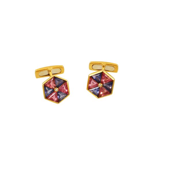 18KT GOLD, IOLITES, PINK TOURMALINES AND DIAMONDS CUFFLINKS