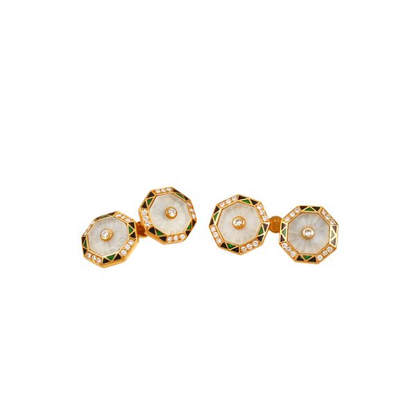 18KT GOLD, QUARTZ, DIAMONDS AND ENAMEL CUFFILINKS  - Auction Important Jewelry - Casa d'Aste International Art Sale