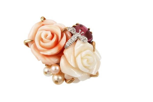 18KT GOLD, CORALS, FRESHWATER PEARLS, PINK TOURMALINE AND DIAMONDS RING  - Auction Important Jewelry - Casa d'Aste International Art Sale