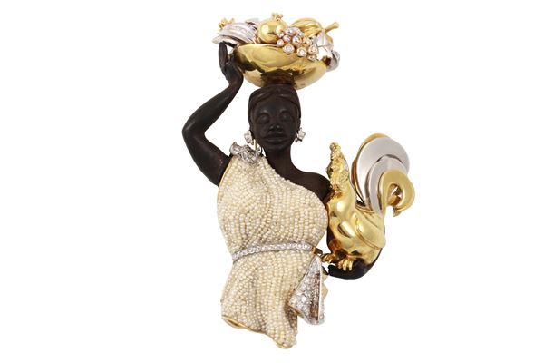 18KT GOLD, WOOD, PEARLS AND DIAMONDS BROOCH  - Auction Important Jewelry - Casa d'Aste International Art Sale