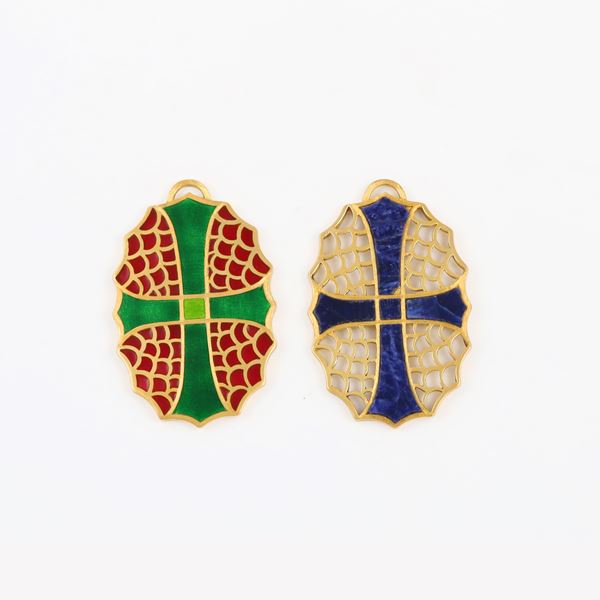 18KT GOLD LOT OF TWO PENDANTS WITH, ENAMEL AND SODALITE (missings)  - Auction JEWELRY, WATCHES, AND SILVERWARE - Casa d'Aste International Art Sale