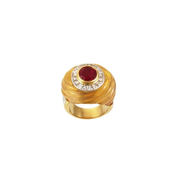 18KT GOLD, LABRADORITE, RUBY AND DIAMONDS RING, SCAVIA  - Auction Important Jewelry - Casa d'Aste International Art Sale