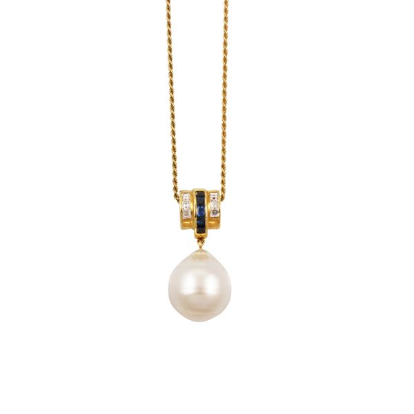 18KT GOLD, SOUTH SEA PEARL, DIAMONDS AND SAPPHIRES PENDANT AND CHAIN