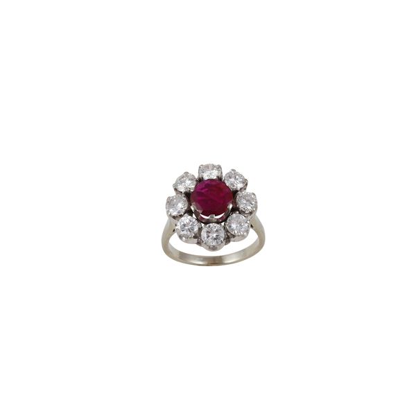 PLATINUM, RUBY AND DIAMONDS (slightly chipped) RING