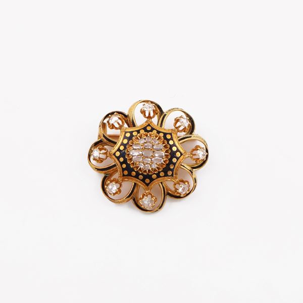 18KT GOLD, ROSE CUT DIAMONDS AND ENAMEL (missings) BROOCH  - Auction JEWELRY, WATCHES, AND SILVERWARE - Casa d'Aste International Art Sale