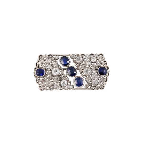 PLATINUM, OLD EUROPEAN CUT DIAMONDS AND SAPPHIRES BROOCH  - Auction IMPORTANT JEWELRY - Casa d'Aste International Art Sale