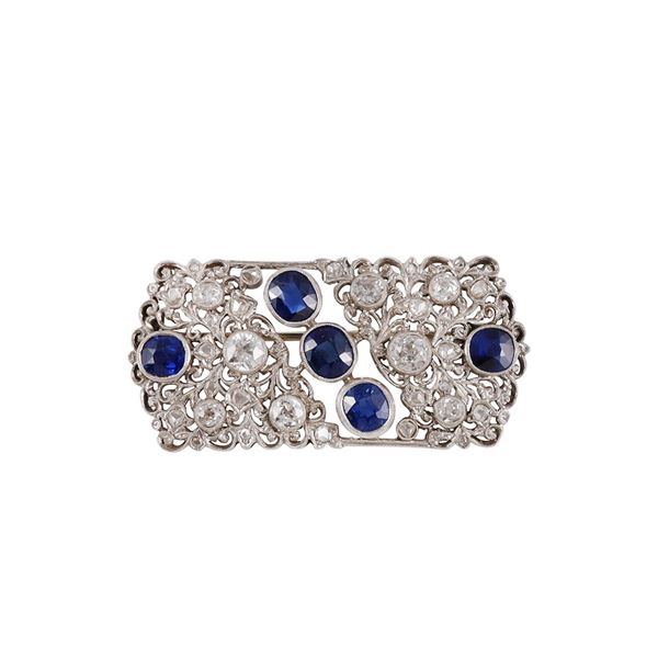 PLATINUM, OLD EUROPEAN CUT DIAMONDS AND SAPPHIRES BROOCH