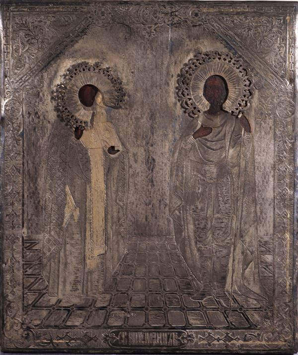 ICONA : raffigurante San Nicola e San Giovanni Guerriero  - Tempera su tavola con riza in Argento cesellato dall'orafo Ivan Zaittsev saggiatore A. Sujelin - Asta ARTE MODERNA E CONTEMPORANEA - Casa d'Aste International Art Sale