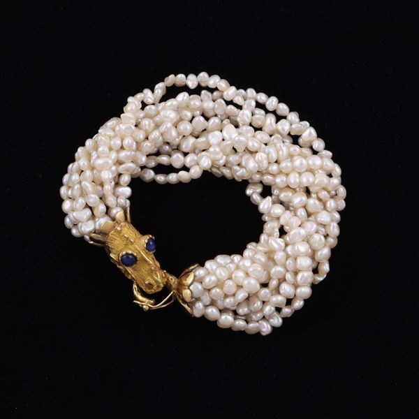 18KT GOLD, FRESHWATER PEARL AND SAPPHIRES BRACELET