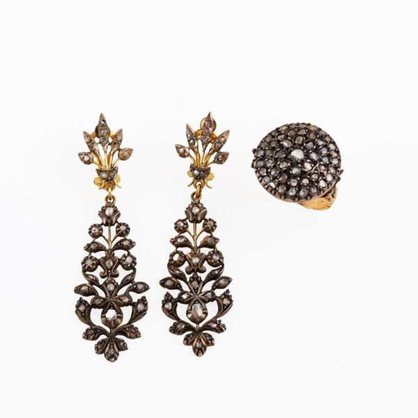 GOLD AND SILVER LOT OF EARRINGS AND RING WITH ROSE CUT DIAMONDS