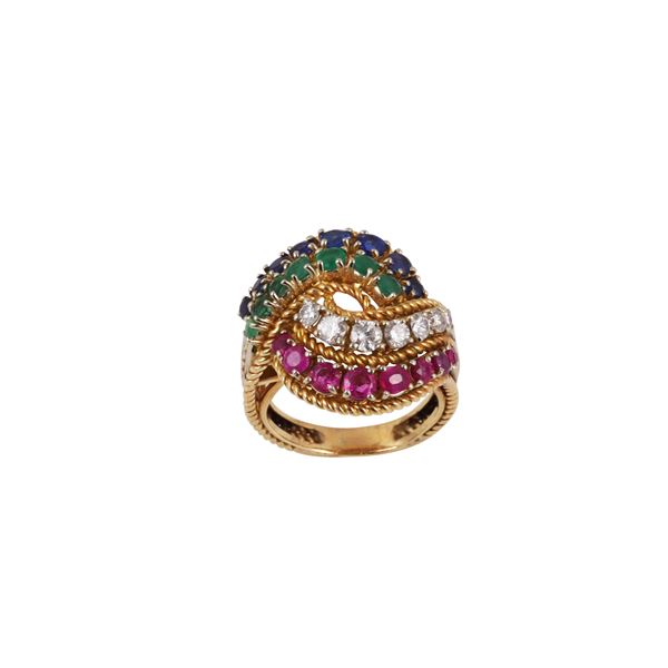 18KT GOLD, DIAMONDS, RUBIES, SAPPHIRES AND EMERALDS RING