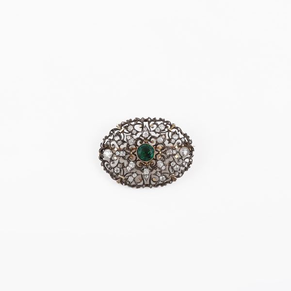 GOLD, SILVER, OLD EUROPEAN CUT DIAMOND AND SYNTHETIC GEM BROOCH