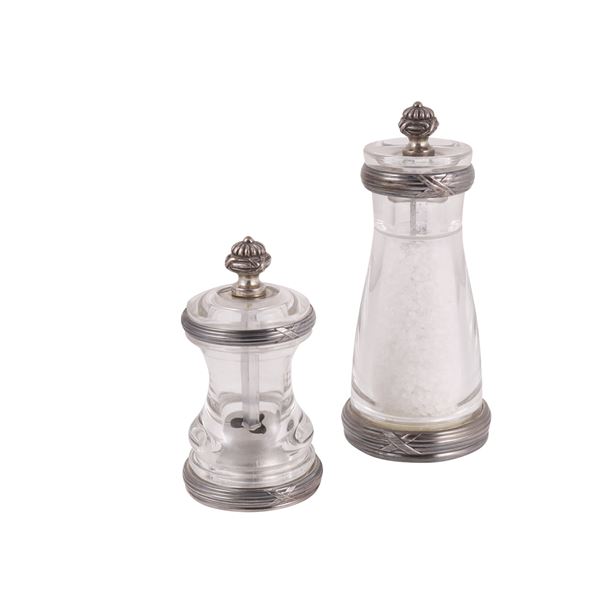 925 SILVER AND PLEXIGLASS SALT AND PEPPER SET, CLEMENTI FOR GIANMARIA BUCCELLATI