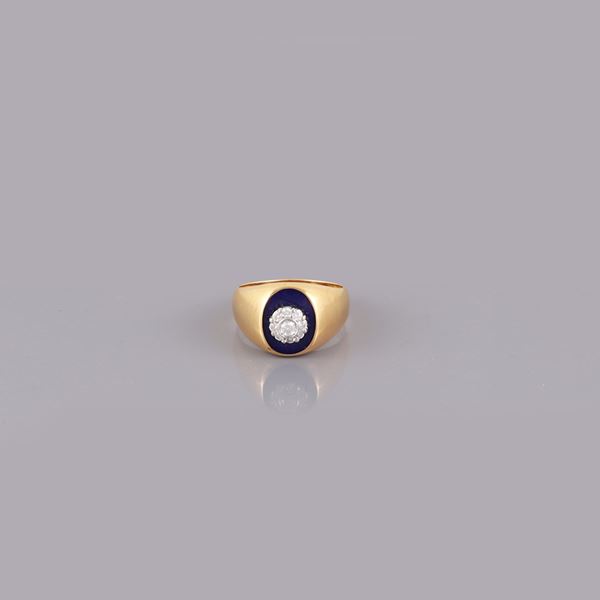 18KT GOLD, DIAMONDS AND ENAMEL RING