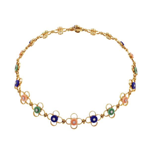 18KT GOLD, DIAMONDS, CORALS, JADEITE AND LAPISLAZULI NECKLACE  - Auction IMPORTANT JEWELRY - Casa d'Aste International Art Sale