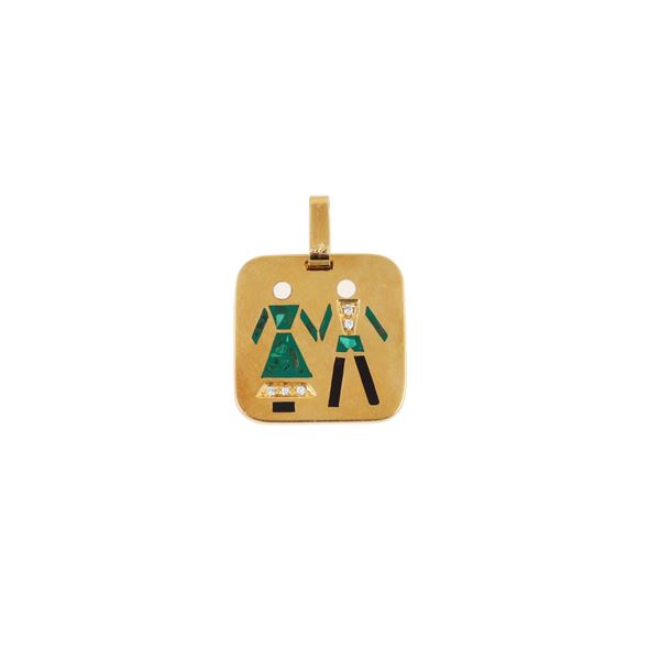 18KT GOLD, DIAMONDS, ENAMEL AND MALACHITE PENDANT  - Auction JEWELRY, SILVER AND LUXURY BAG - Casa d'Aste International Art Sale