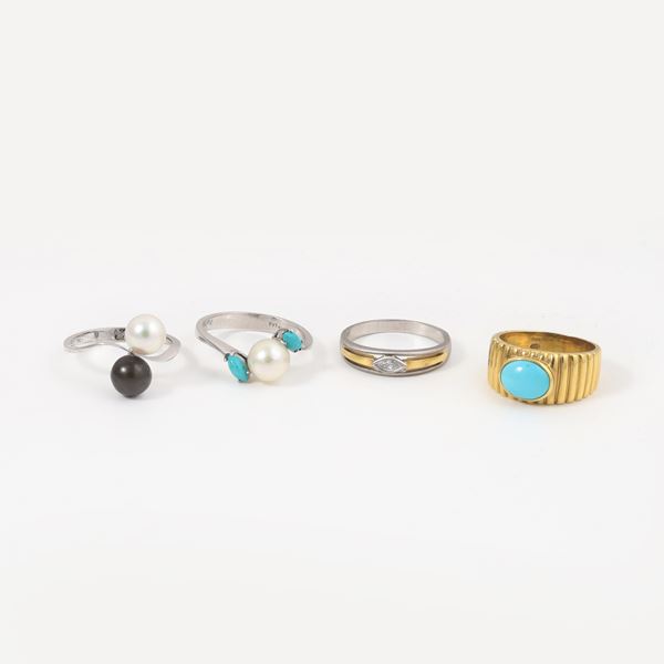 18KT GOLD AND PLATINUM LOT OF THREE RINGS WITH DIAMOND, TURQUOISE (PASTE) AND CULTURED PEARLS